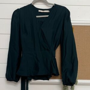 Marie Oliver Rare Silk Hunter Green Cross-front peplum blouse size XS